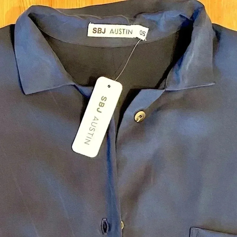 New SBJ Austin Navy Blue Midi Shirtdress Size Large Cottagecore Prairie Coastal - Picture 12 of 15